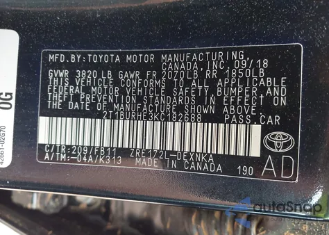 2019 Toyota Corolla Le из США, поврежденный, VIN 2T1BURHE3KC182688